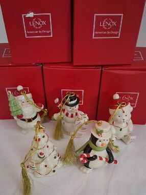 LENOX Ornaments Set Of 5, Penguin, Santa, Teddy Bear, Snowman, Tree